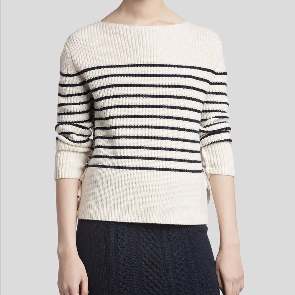ATM Wool Blend Boatneck ribbed knit pullover‎ Sweater - Cream/ Midnight